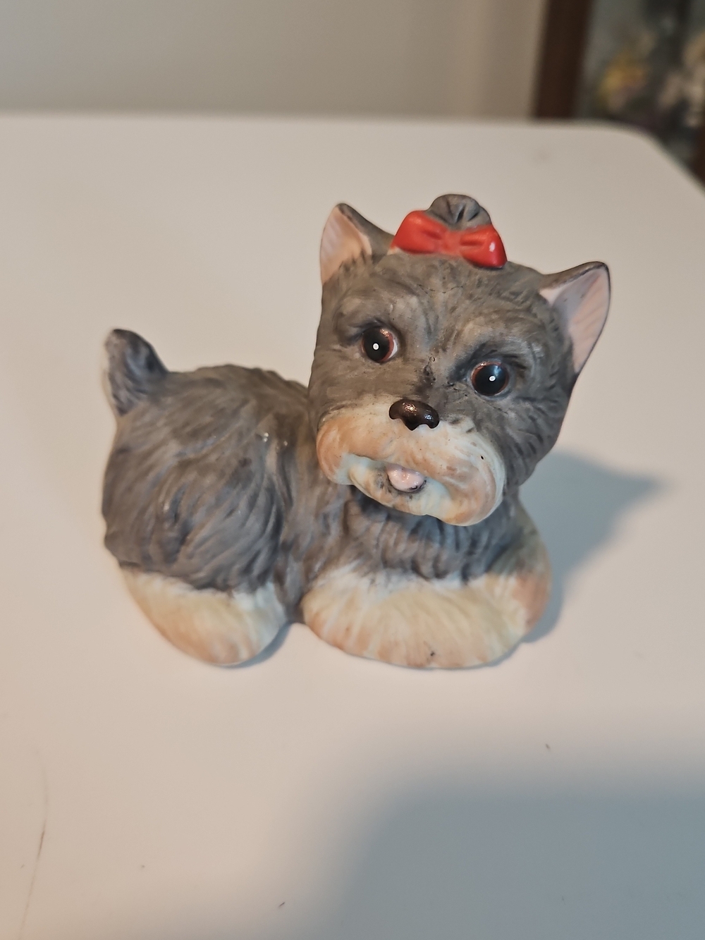 Vintage HOMCO Gray Ceramic Dog Figurine with Red Bow